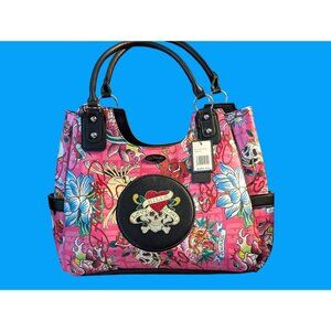 Ed Hardy Pink Tattoo Art Love Kills Slowly Handbag With Embellished Skull Motif